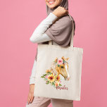 Tote Bag Beau cheval Palomino avec tournesol personnalisé<br><div class="desc">Magnifique cheval Palomino avec tournesol et fleurs roses floral filles nom sac modèle. Beau portrait de cheval en aquarelle,  joli cadeau personnalisé pour les amateurs de chevaux.</div>