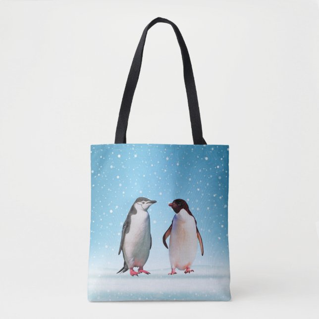 Tote Bag Beau couple de pingouins sur bleu clair (Devant)