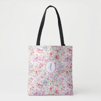 Tote Bag Beau Fleur sauvage Motif d'aquarelle Monogramme