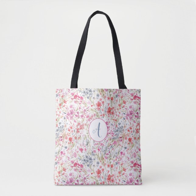 Tote Bag Beau Fleur sauvage Motif d'aquarelle Monogramme (Devant)