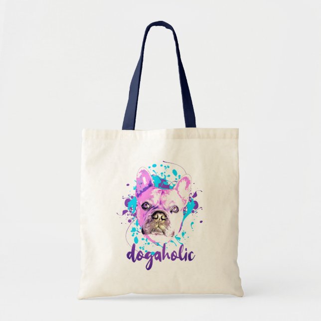 Tote Bag Beau Français Bulldog visage rose bleu Dogaholic (Devant)