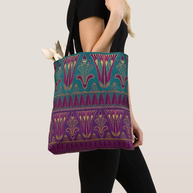 Tote Bag Beau motif égyptien violet vert et scarabée (De près)