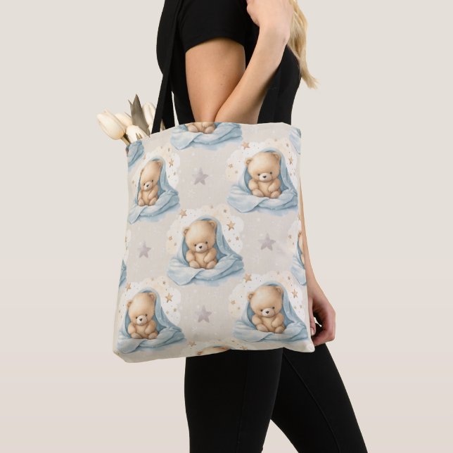 TOTE BAG BEAU OURS DE TEDDY EN BLANC BLEU (De près)