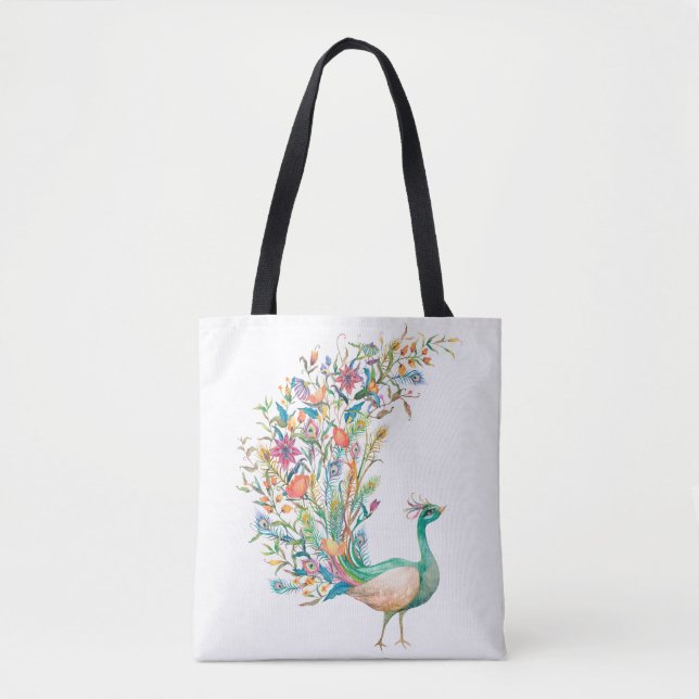 Tote Bag Beau paon vert à l'aquarelle (Devant)