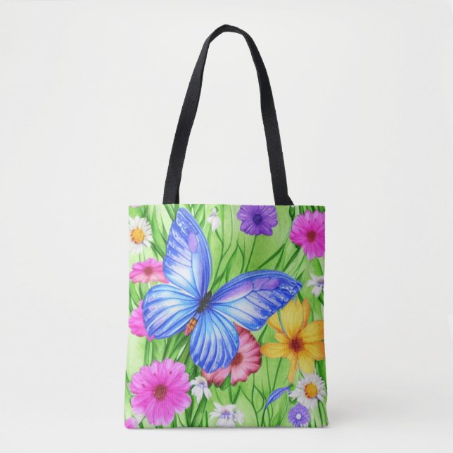 Tote Bag Beau Papillon Bleu avec fleurs Aquarelle (Devant)