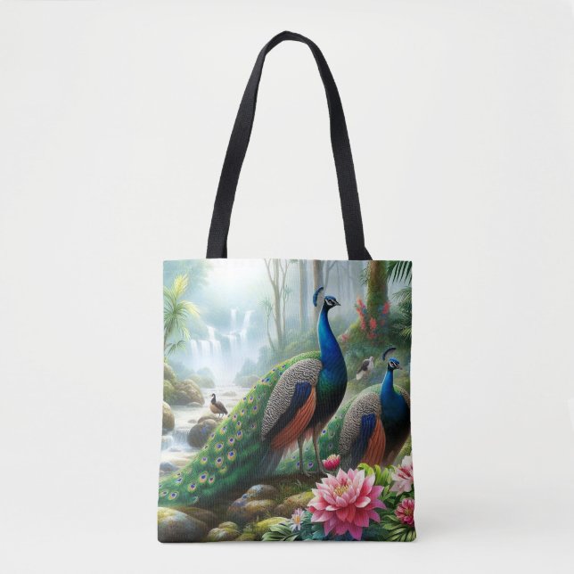 Tote Bag Beau Peacock Bleu Turquoise avec Fleurs Fourre-tou (Devant)