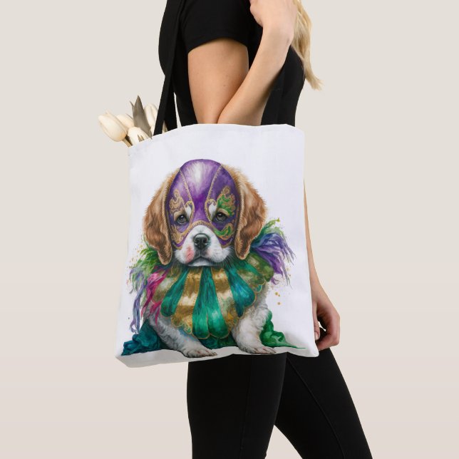 TOTE BAG BEAU PURPLE VERT OR MARDI GRAS POPPY CHIEN (De près)