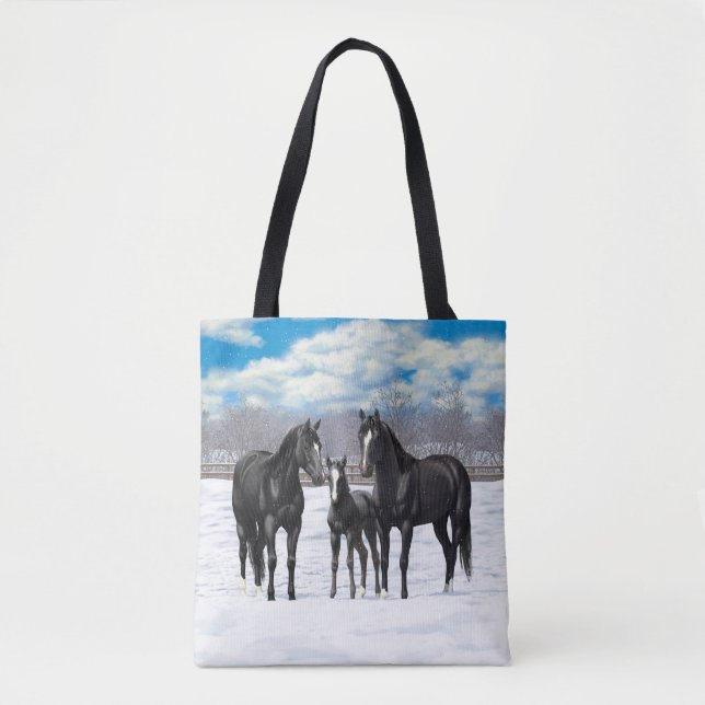 Tote Bag Beau Quartier Noir Chevaux En Neige (Devant)