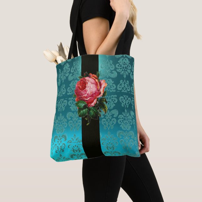 TOTE BAG BEAU ROSE ROSE ROSE TURQUOISE AQUA BLEU BLEU DAMAS (De près)