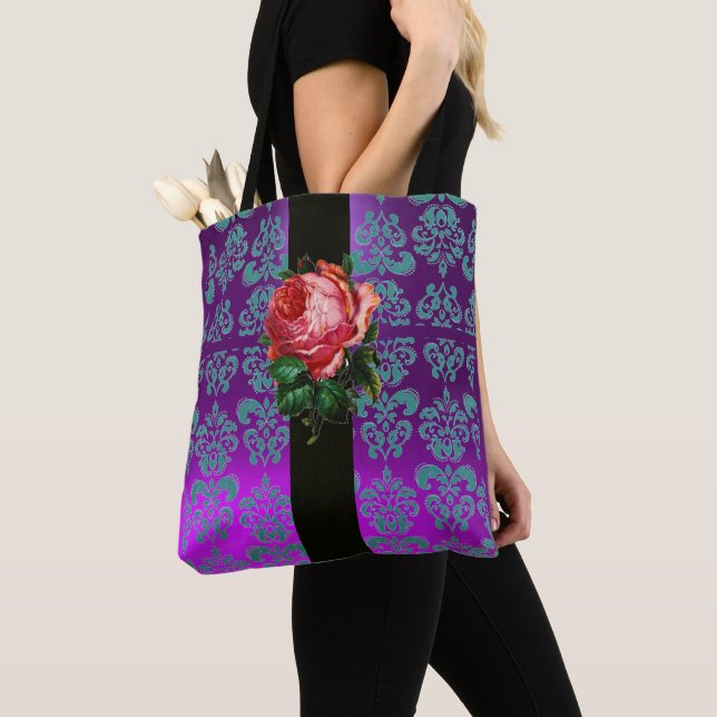 TOTE BAG BEAU ROSE ROSE TURQUOISE BLEU PURPLE BLACÉ DAMASK (De près)