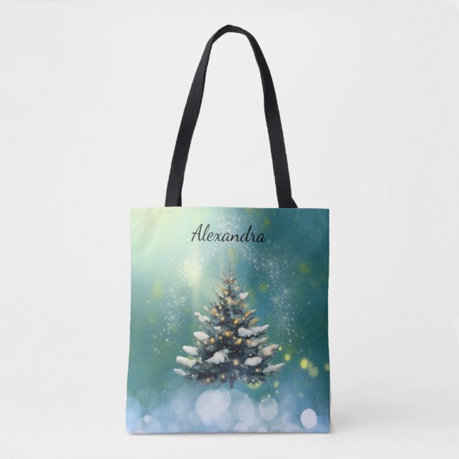 Tote Bag Beau sapin de Noël avec lumières de neige et d'or (Devant)