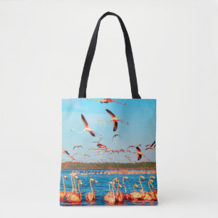 Tote Bag Beaucoup de beaux flamants roses dans un beau bleu