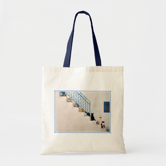 Tote Bag Beaucoup de chats sur un escalier blanc dans un vi (Devant)