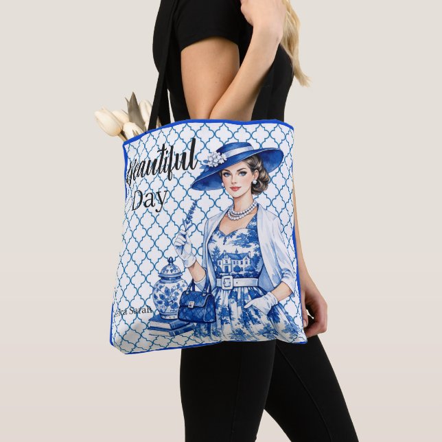 Tote Bag Beauté florale bleue et blanche (De près)