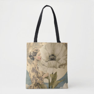 Tote Bag Beauté Lune - Femme avec Fleur Blanche et Lune