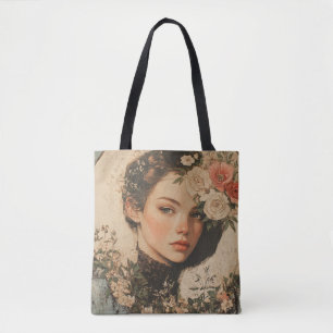 Tote Bag Beauté Lune - Femme avec Fleur et Pleine lune