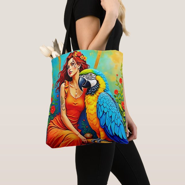 Tote Bag Beauté tropicale et design de perroquets bleus (De près)