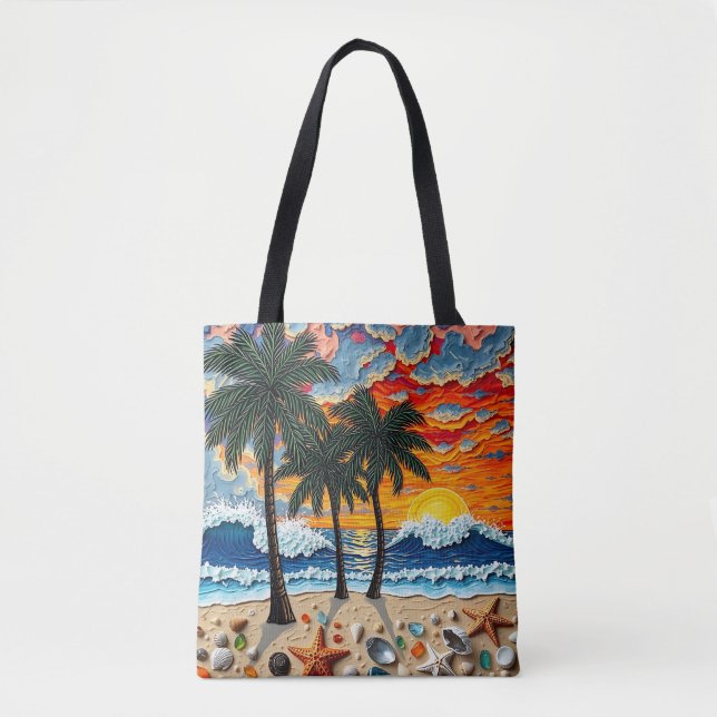 Tote Bag Beautiful Beach Scene with Palm Trees   (Devant)
