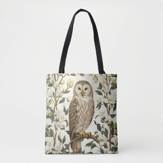 Tote Bag Beautiful Ural Owl And Magnolia Blossoms (Devant)