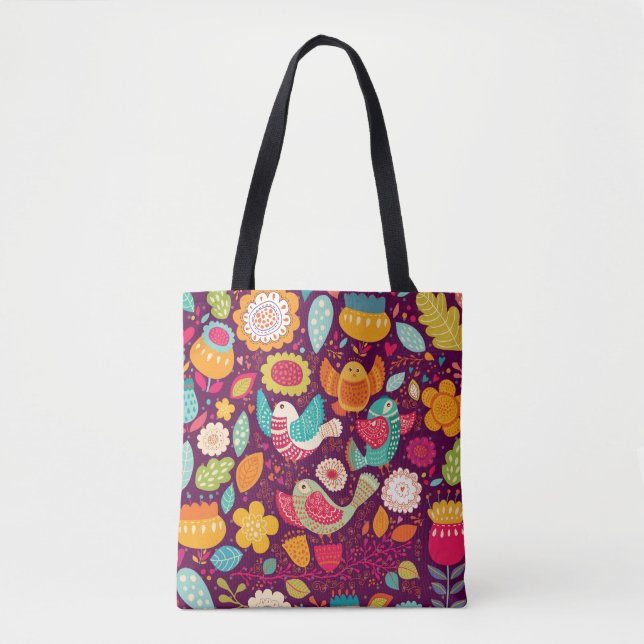 Tote Bag Beaux oiseaux, fleurs, affiche artistique (Devant)