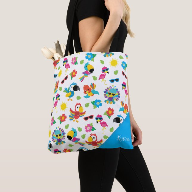 Tote Bag Beaux oiseaux tropicaux Motif de paradis coloré (De près)