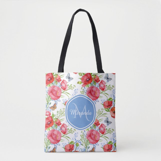 Tote Bag Beaux pavots rouges avec les papillons bleus et le (Devant)