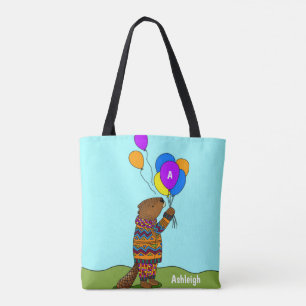 Tote Bag Beaver w Balloons, mignonettes enfants personnalis