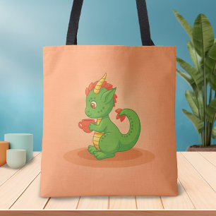 Tote Bag Bébé dragon mignon tenant une tasse sur orange