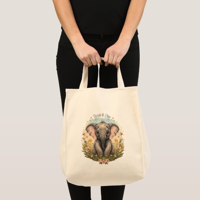 Tote Bag Bébé éléphant mignon Curiosité pour les fleurs sau (Devant (produit))