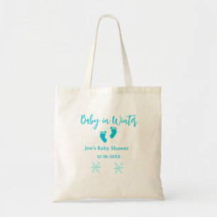 Tote Bag Bébé en hiver baby shower bleu bébé pieds snowflak