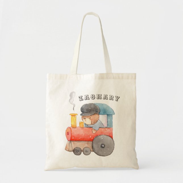 Tote Bag Bébé Garçon aquarelle Teddy Bear Train Diaper (Devant)