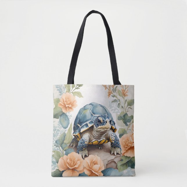 Tote Bag Bébé mignon Tortoise Pastel Aquarelle Florale (Devant)