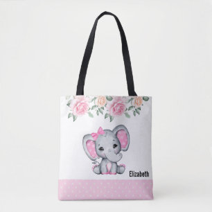 Tote Bag Bébé rose mignon éléphant et frontière Rose