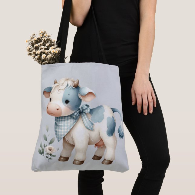 Tote Bag Bébé Vache Gingham Bleu Pastel Esthétique Ferme (De près)
