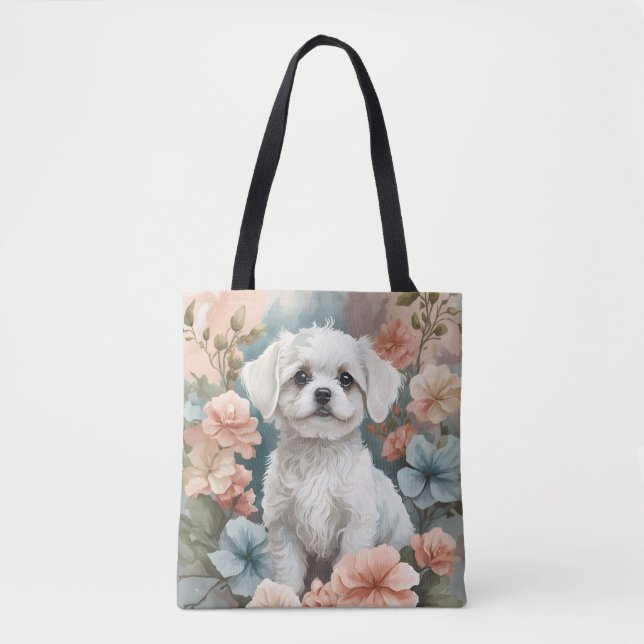 Tote Bag Bébés mignons animaux | Mignonne chiot maltais bla (Devant)