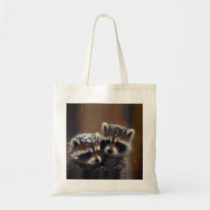 Tote Bag Bébés ratons laveurs blottis dans la neige qui tom