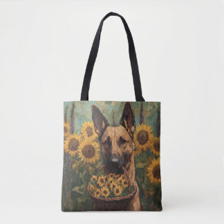Tote Bag Belgian Malinois with a Basket of Sunflowers