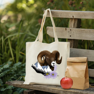 Tote Bag Bélier majestueux de gros mouton brun Montagnes Ve