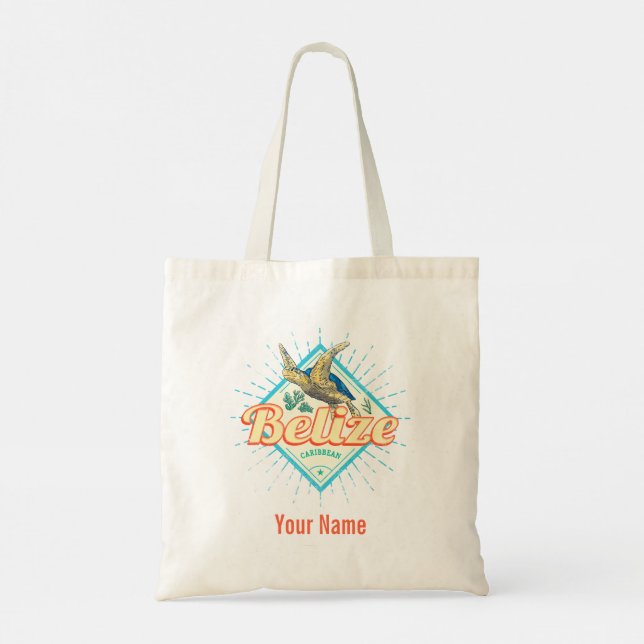 Tote Bag Belize Caribbean Retro Turtle Souvenir Vintage (Dos)