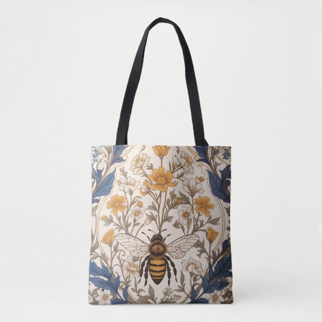 Tote Bag Belle abeille florale vintage jaune et bleue (Devant)