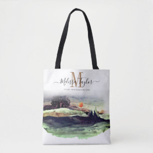 Tote Bag Belle Aquarelle Montagnes et Arbres Monogramme