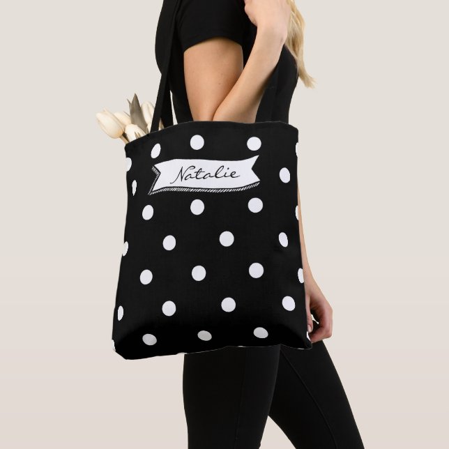 Tote Bag Belle bordure monogrammée pois noir et blanc (De près)