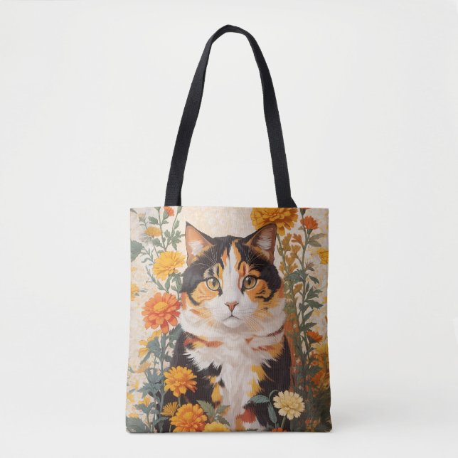 Tote Bag Belle Chat Calico Avec Fleurs Marigold (Devant)