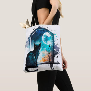 TOTE BAG BELLE CHATTE NOIRE À L'AQUARELLE ASSISE DANS UNE F