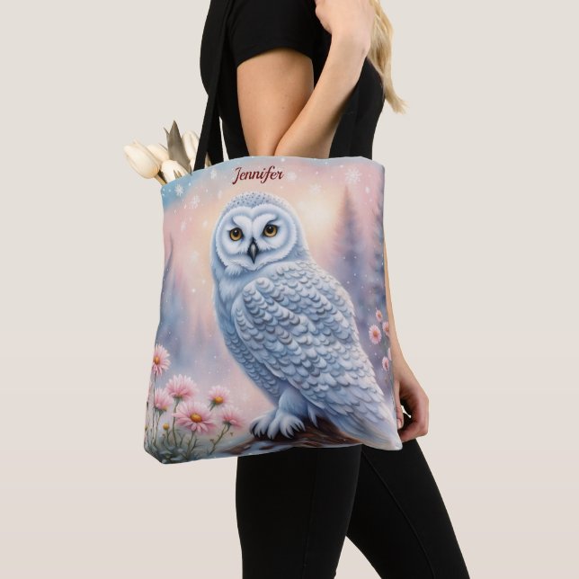 Tote Bag Belle Chouette des neiges, fleurs roses. Nom modif (De près)