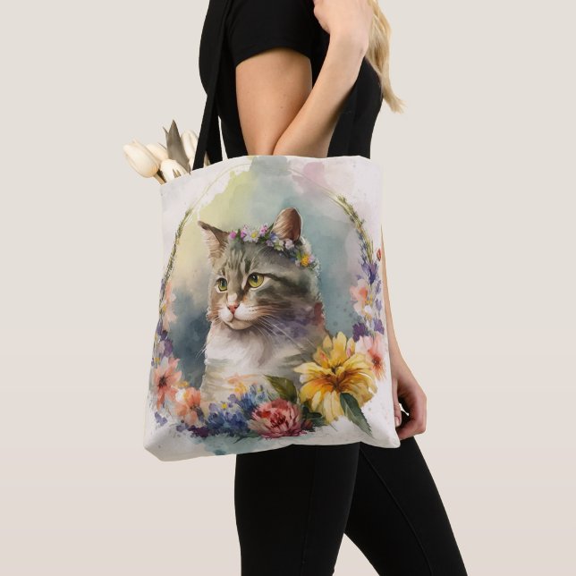 TOTE BAG BELLE EAU COULEUR GRAY TABBY FLEURS EN CHAT (De près)