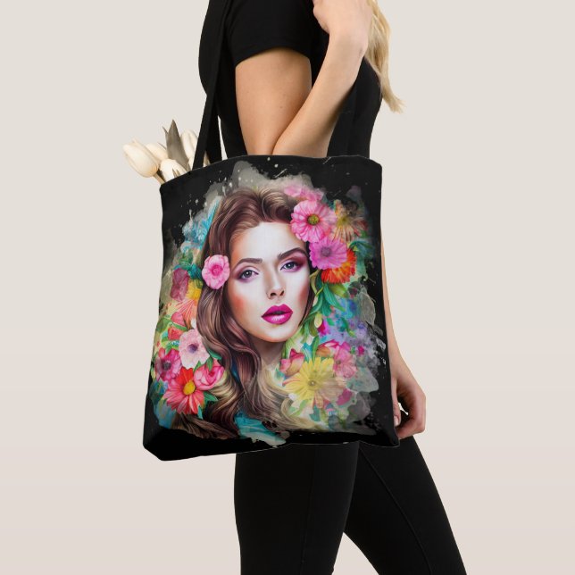Tote Bag Belle Fille Avec Fleurs Roses Roses Rose Noire (De près)