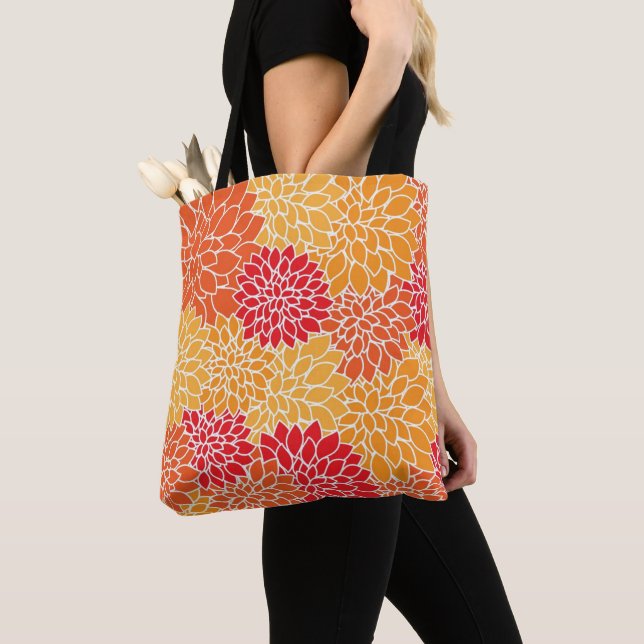 Tote Bag Belle florale orange et rouge dahlia (De près)