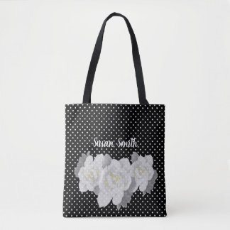 Tote Bag Belle Gardenia Blanche Fleur Noir Blanc Polka Poin