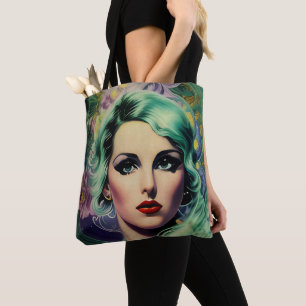 Tote Bag Belle Lavande & Green Retro Style Space Woman